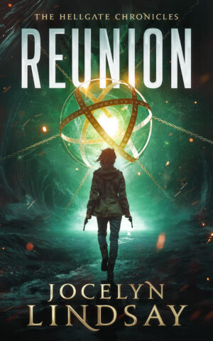 A graphic of the book cover with the main protagonist Meg Walker walking towards the Hellgate.