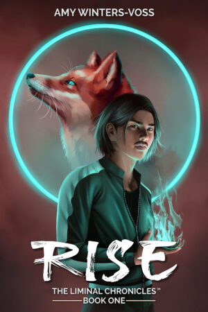 Young Japanese man holding magical fire in his hand. A glowing portal circle behind him shows a fox. Text: Rise, The Liminal Chronicles Book 1. Author: Amy Winters-Voss