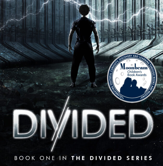 Divided book cover with Marcos, the main character Hispanic boxing champion facing away from the reader and toward an impenetrable wall. The cover also contains the Moonbeam Childrens Book Awards for 2024 sticker.