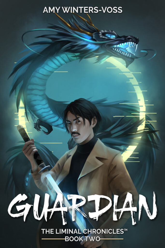 Japanese man holding glowing sword. A glitchy yellow portal circle behind him reveals a dragon. Text: Guardian, The Liminal Chronicles Book 2. Author: Amy Winters-Voss