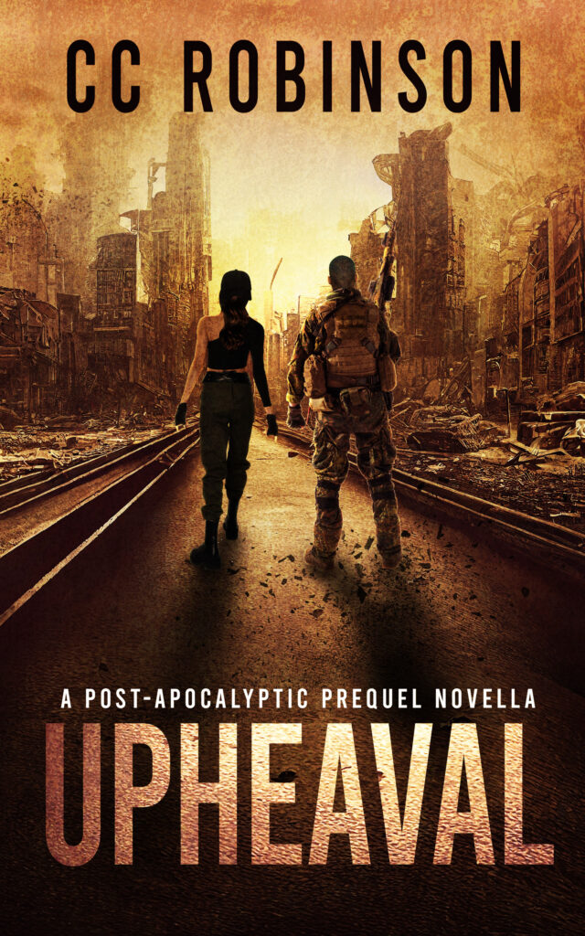 Upheaval cover by CC Robinson shows a man and a woman facing away and toward a post-apocalyptic city with an orange sunset overlay